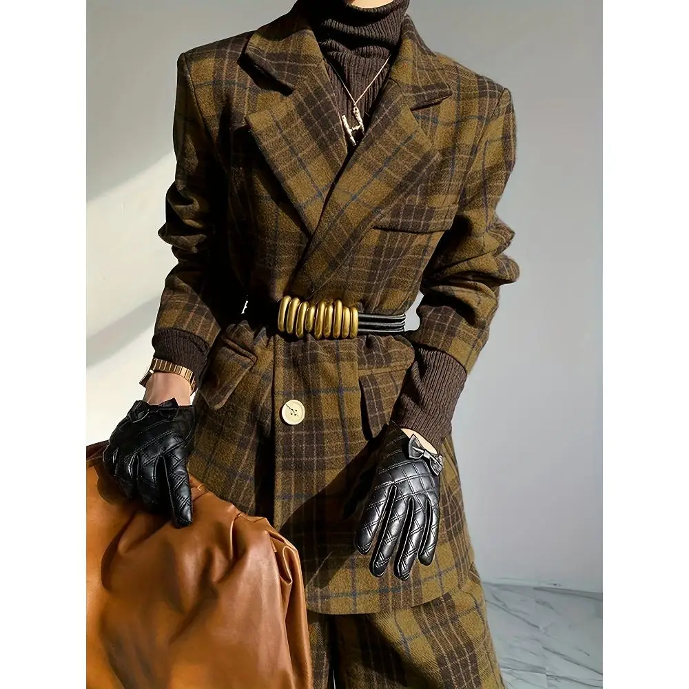 

Women's Vintage Elegant Plaid Plus Size Blazer 2026 Long Sleeves Pockets Oversized Notched Lapel Single Breasted Office Jackets