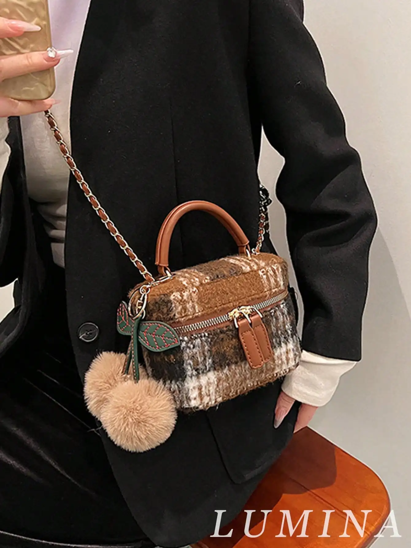 Brown Plaid Mini Box Crossbody Bag For Women, Woolen Tweed Top Handle Vanity Case Cherry Charm, Chain Shoulder Handbag For Winter Daily Party sg260907165788769862062