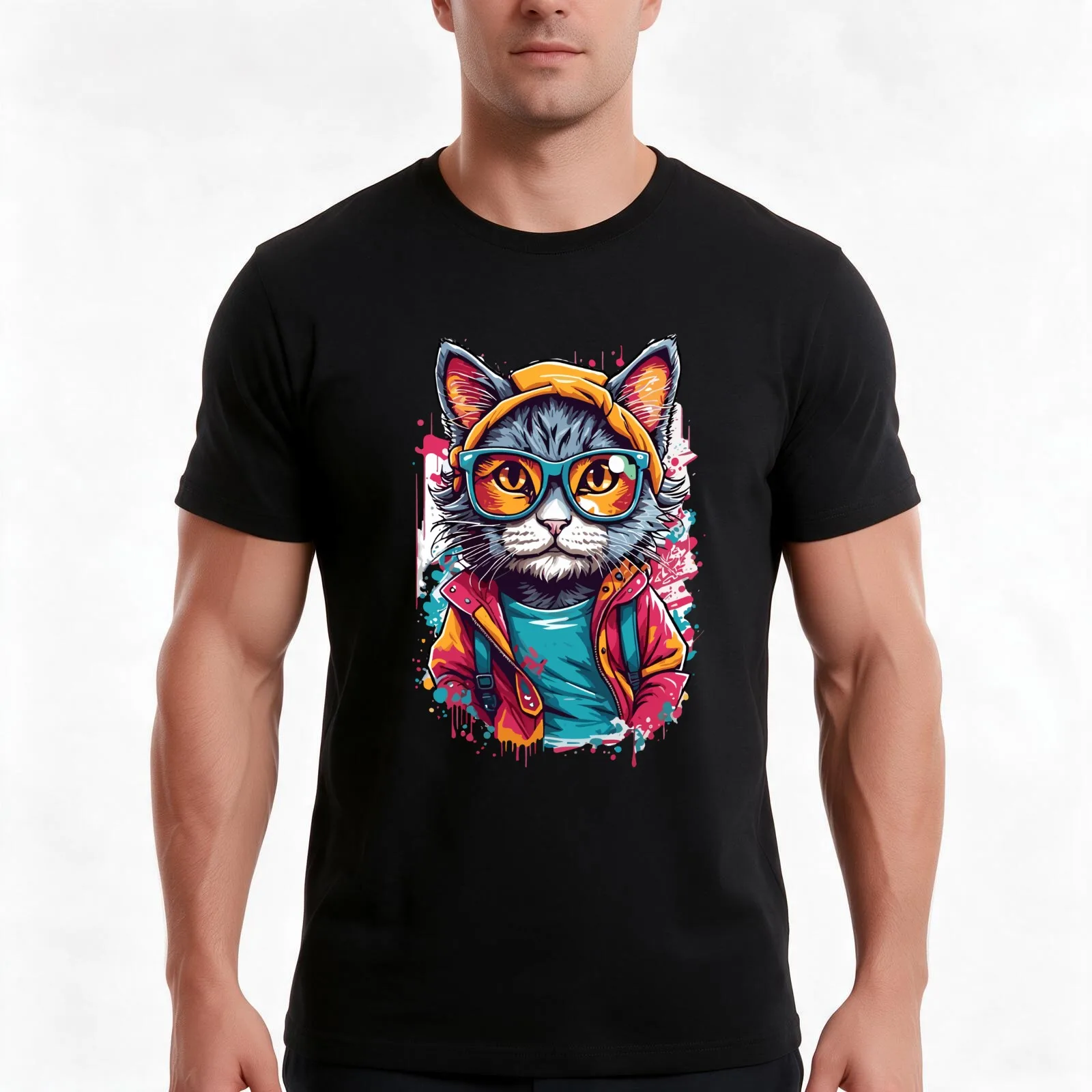 Camiseta divertida com estampa de gato, ideal para o verão, de algodão, estilo casual, corte folgado, para usar na rua, com estampa gráfica vintage, u
