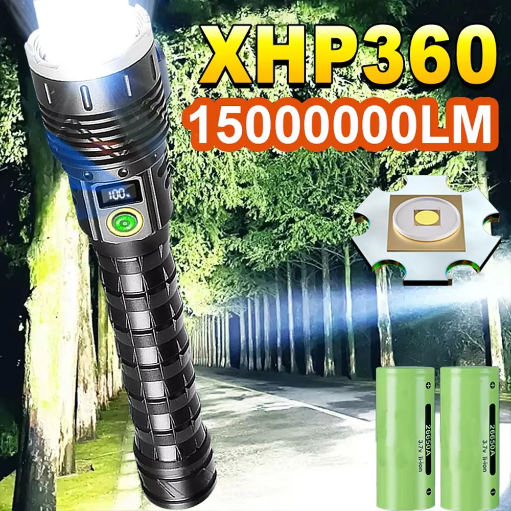 Most Powerful Flashlights XHP360 LED Lamp 15000000LM Super Bright Flashlight USB Rechargeable Lamp Tactical Lantern Waterproof