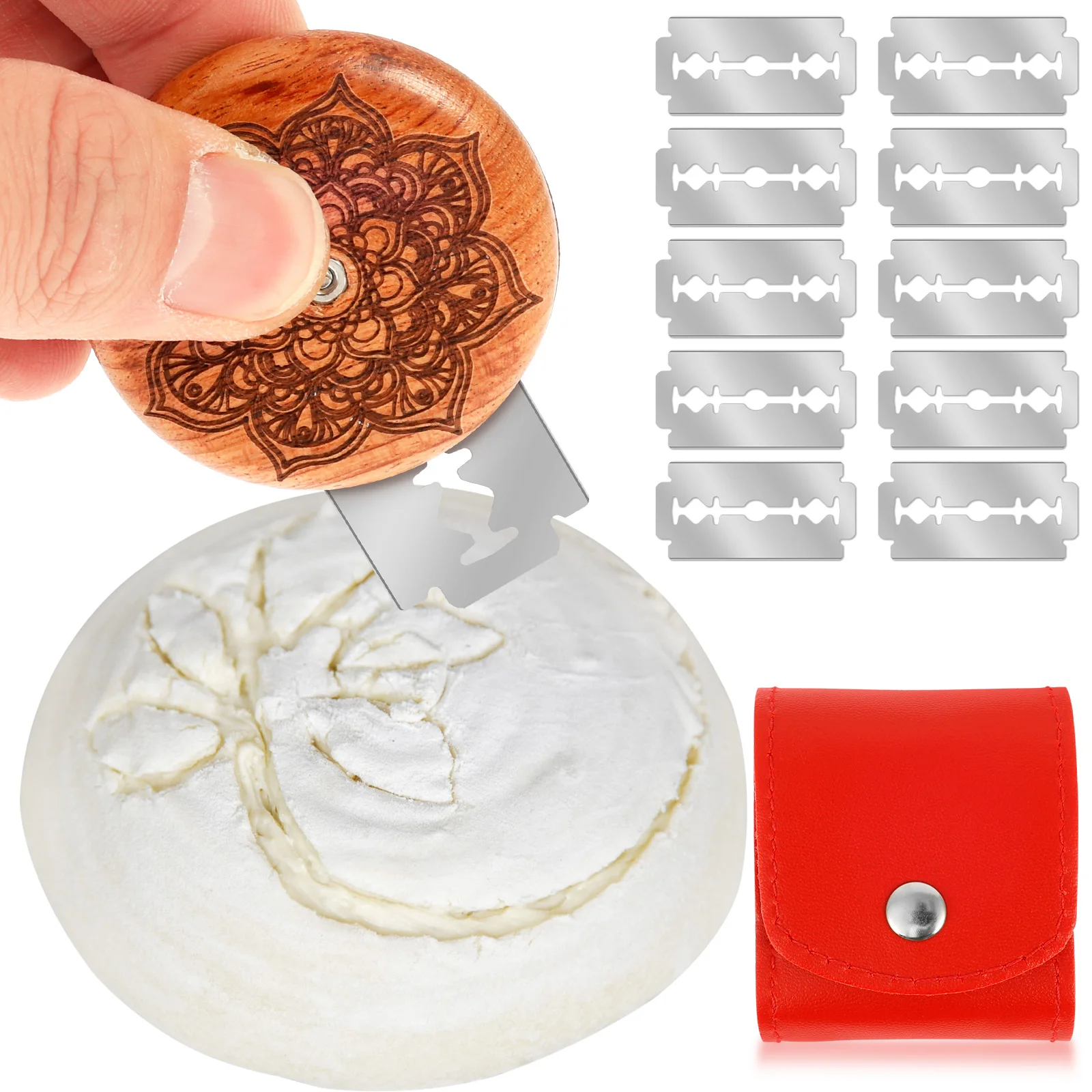 Cuchillo de panadería de madera con 10 cuchillas y 1 funda de cuero roja, herramienta portátil multiusos para cortar masa y pan de masa madre