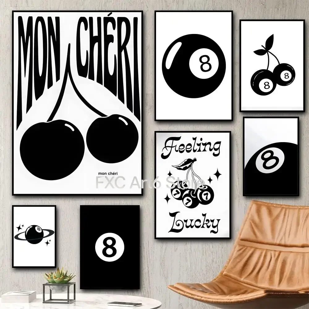 1PCS Frameless Black and white billiard cat Painting Calligraphy HD Canvas Poster living room bedroom bar aesthetic decoration