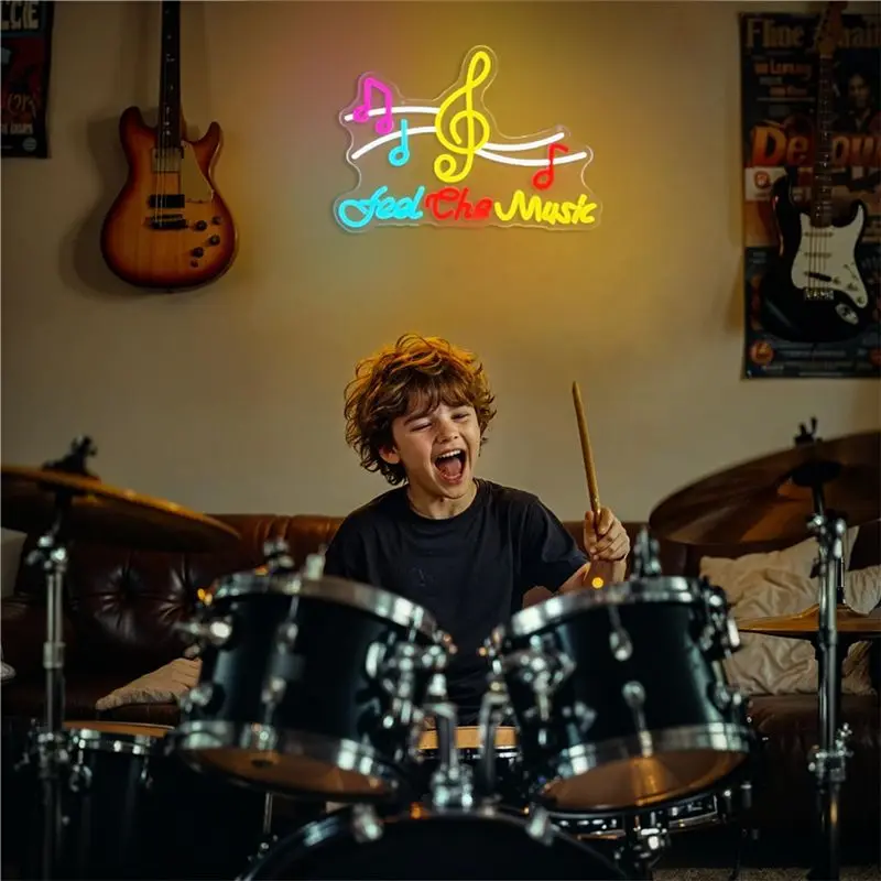 AT05-Musical Notes Neon Sign–Feel The Music For Wall Decor For Light Up Your Music Classes