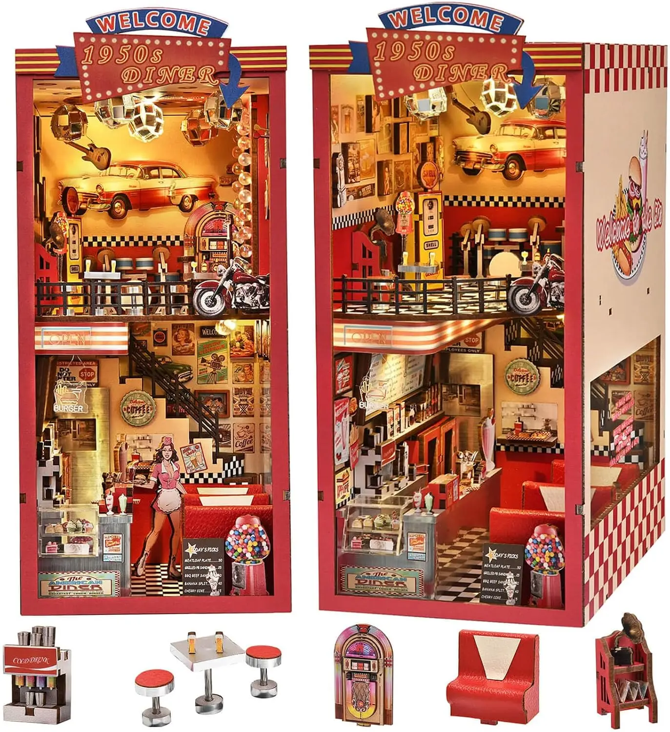 Book Nook Kit - DIY Miniature Dollhouse for Adults and Teens, 3D Wooden Puzzle Booknook with LED Light, Retro Tiny House Bookshe