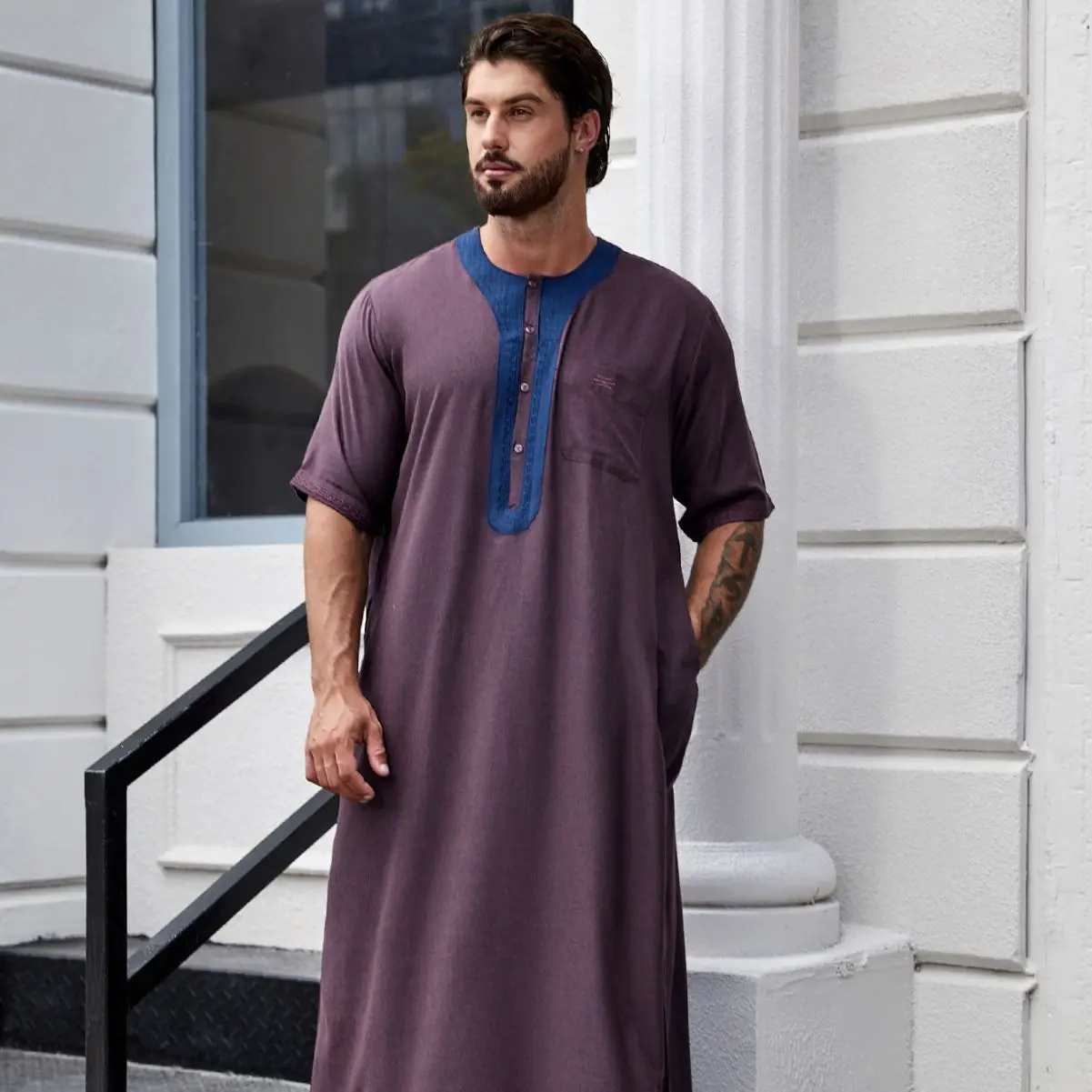 Kaftan Muslim lengan setengah Vintage pria jubah santai leher V dicetak Jubba Thobe Solid tambal sulam pakaian Arab ukuran Plus S-3XL