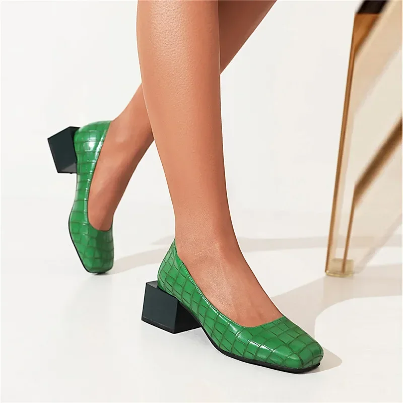 Spring Women Pumps Blue Red Green Crocodile Leather High Block Heels Party Dress Office Lady Slip-on Square Toe Shoes Plus Size