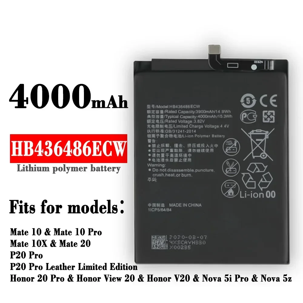 4000mAh HB436486ECW Battery for HUAWEI MATE 10/Mate 10 Pro/P20 Pro AL00 L09 L29 TL00/Mate 20/Mate 20 pro/Honor V20/Mate X