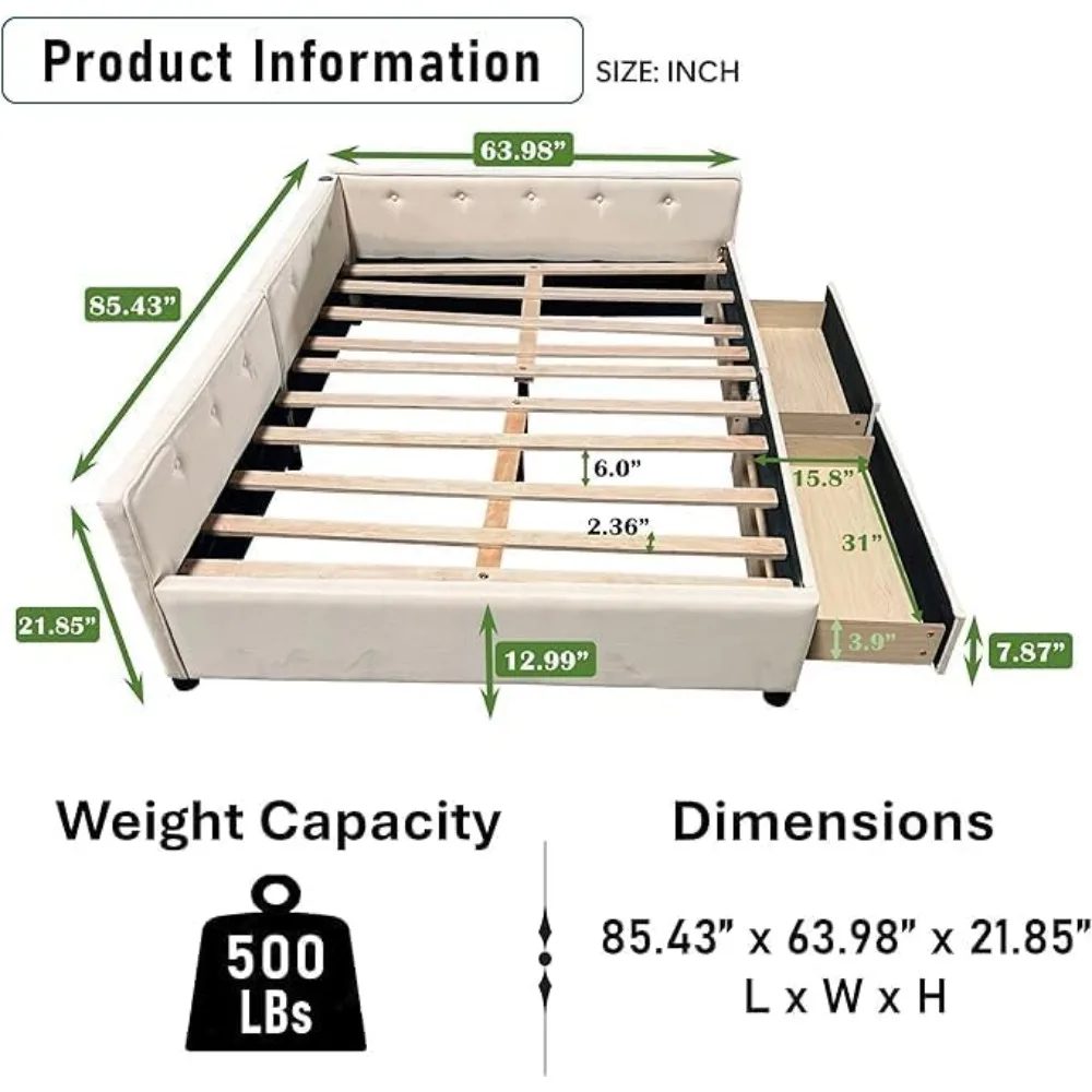 Upholstered queen sofa bed, 2 drawers, solid wood bed frame with USB port and plank support, no box spring required, beige