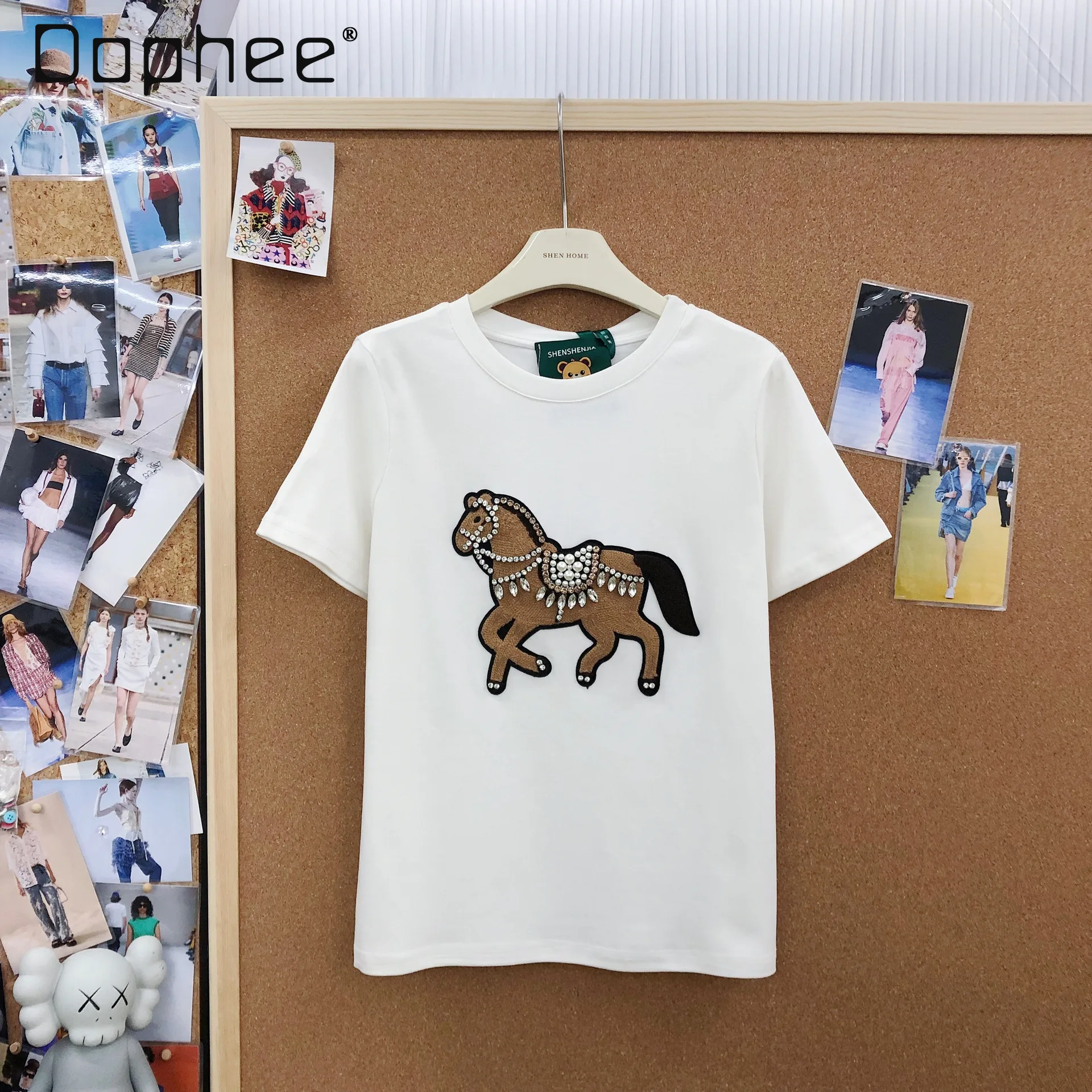 

2026 Spring Summer New Fashion Casual Heavy Beaded Year of The Horse Patch Embroidery Loose Versatile Short Sleeve T-Shirt