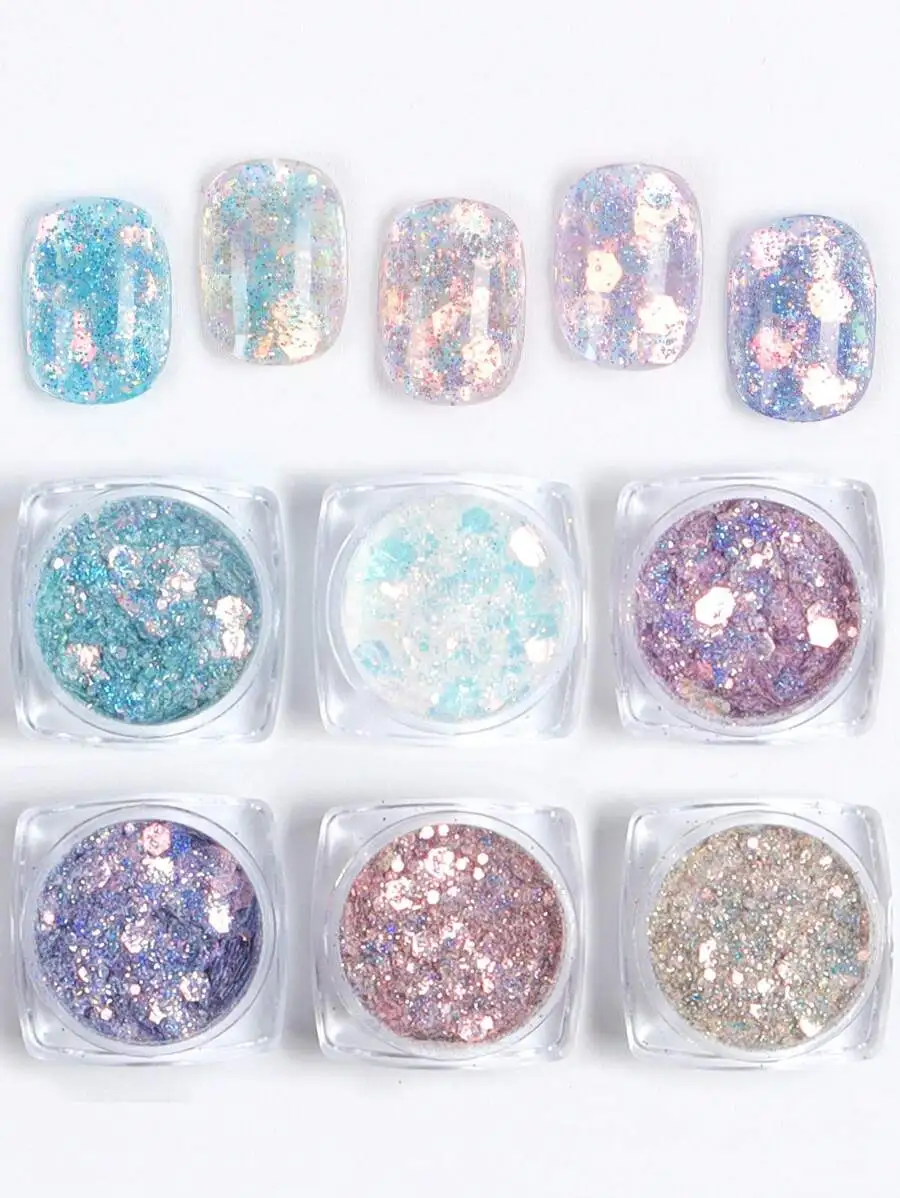 

6pcs/Set Mermaid Nail Art Sequins AB Color Holographic Hexagon Glitter UV Gel Nail Decorations DIY Nail Jewelry Nail Supplies Na