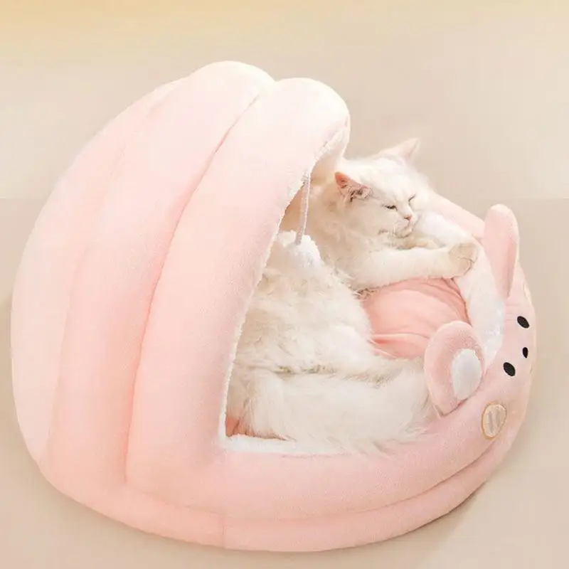 

Cat Cave Beds For Indoor Cats Pink Semi-Enclosed Kitten Bed Cave With White Plush Ball Removable Washable Soft Resting Cushion