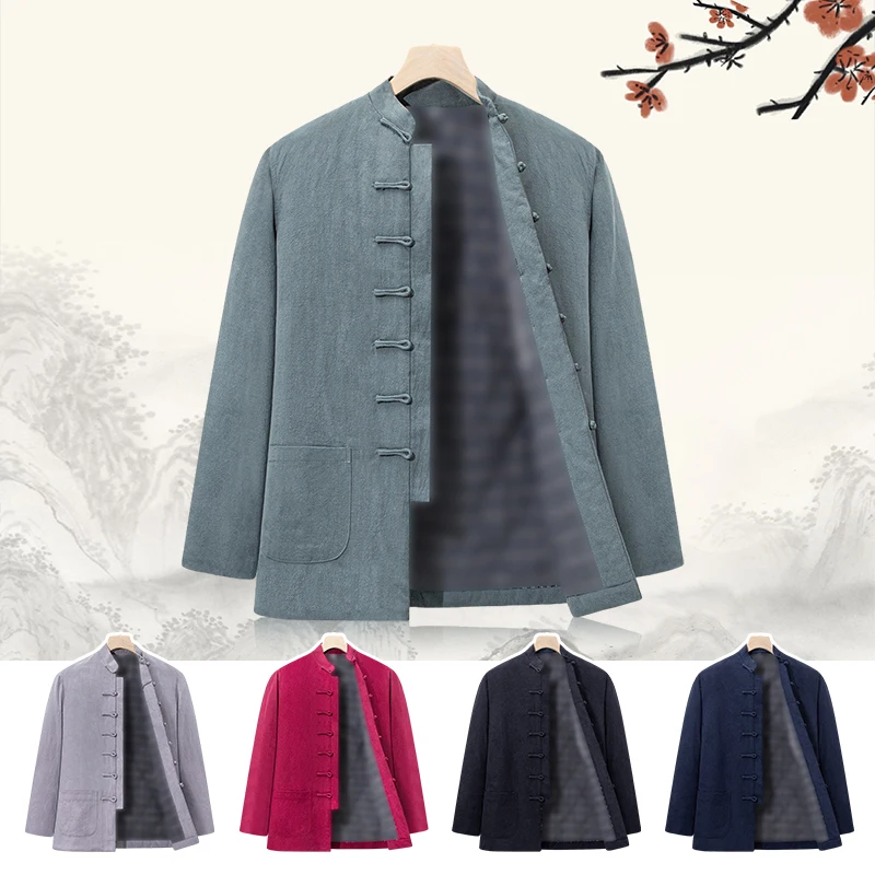 Men Traditional Chinese Clothes Retro Tops Han Dynasty Costume Hanfu Tang Suit Winter Warm Cotton-padded Jackets Kung Fu Coat