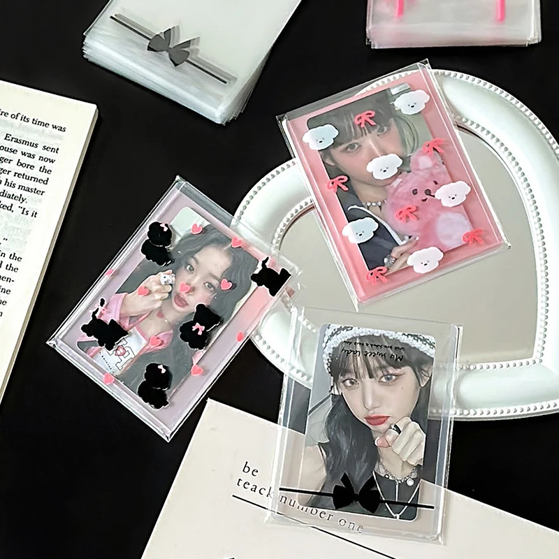 50Pcs Transparent Cute Bow Self-adhesive Opp Bag Kpop Idol Photo Cards Protective Storage Bag Photocard Card Sleeves