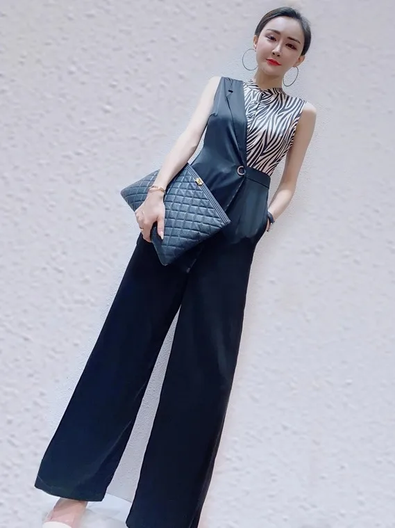 

Summer New Women's High Waist Wide Leg One-Piece Suit Asymmetrical Color Colion Svel Pants Sli Slimming Effect