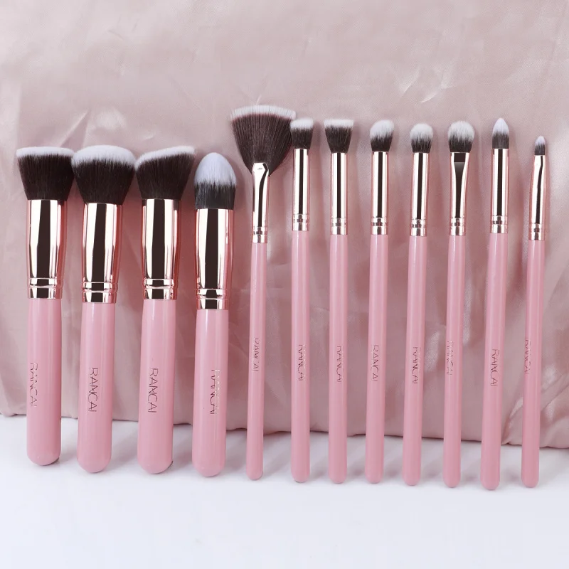 Nuovo prodotto12Set di pennelli per trucco in oro rosa per principianti, strumenti per trucco completi, pennello per cipria morbido, pennello per ombretto, bordo