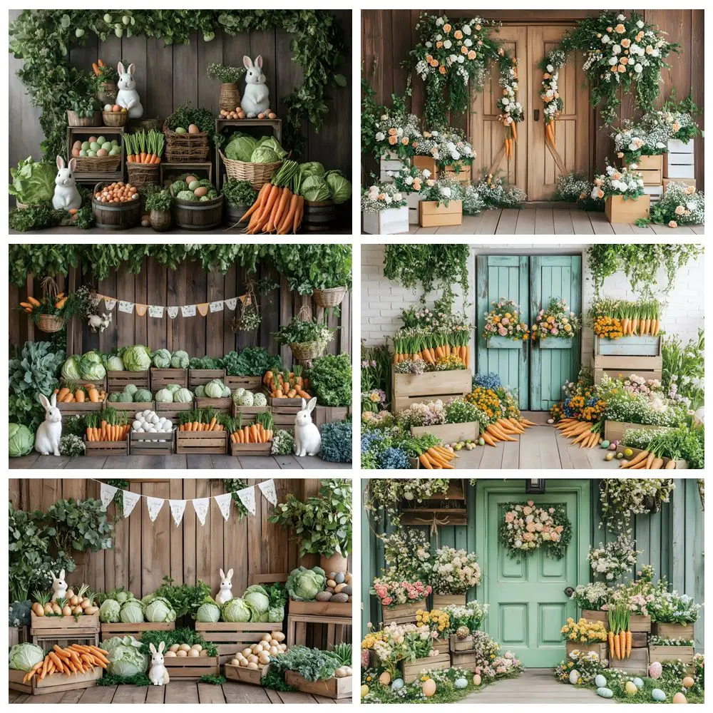 2025 Happy Easter Backdrop Photography Spring Flowers Wood Door Carrot Rabbit Eggs Grass Cabbage Kids Birthday Party Background