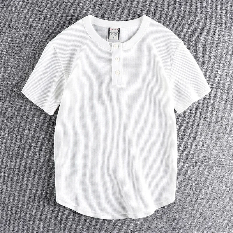 Summer New American Retro Waffle Henry Collar T-shirt Men's Fashion Simple Pure Cotton Washed Old Short Sleeve Casual Loose Tops