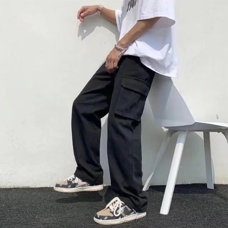 Summer KPOP Fashion Style Harajuku Slim Fit Trousers Loose All Match Casual Pants Solid Pockets Straight Cylinder Cargo Pants