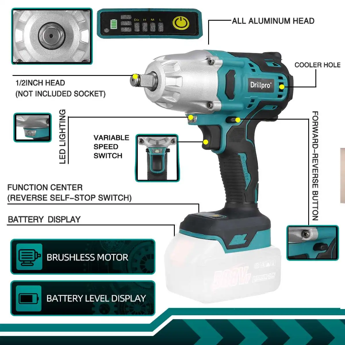 Drillpro 2000N.M Brushless Electric Impact Wrench For Makita 18V Battery 1/2\