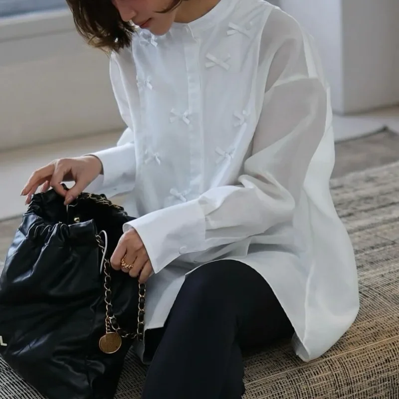 2024 New Ribbon Bow Sweet White Shirts Fashion Stand Collar Straight Single Breasted Long Sleeve Blouse Japanese Chic Lady Top