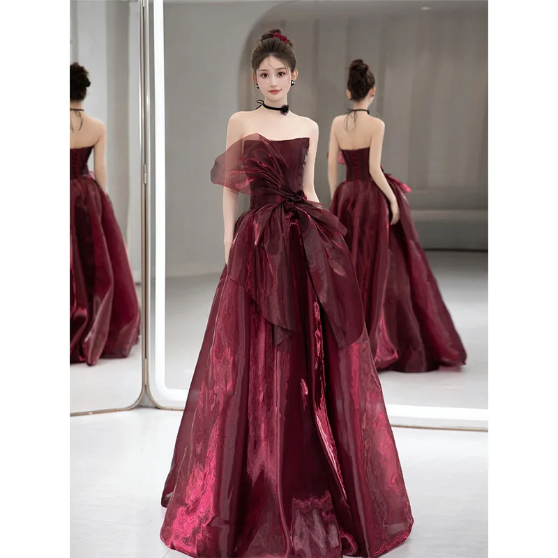 

Red Toasting Attire Handcrafted Custom Bride Wedding Dress Business Banquet Evening Dress Stage Performance Dress Fluffy Skirt