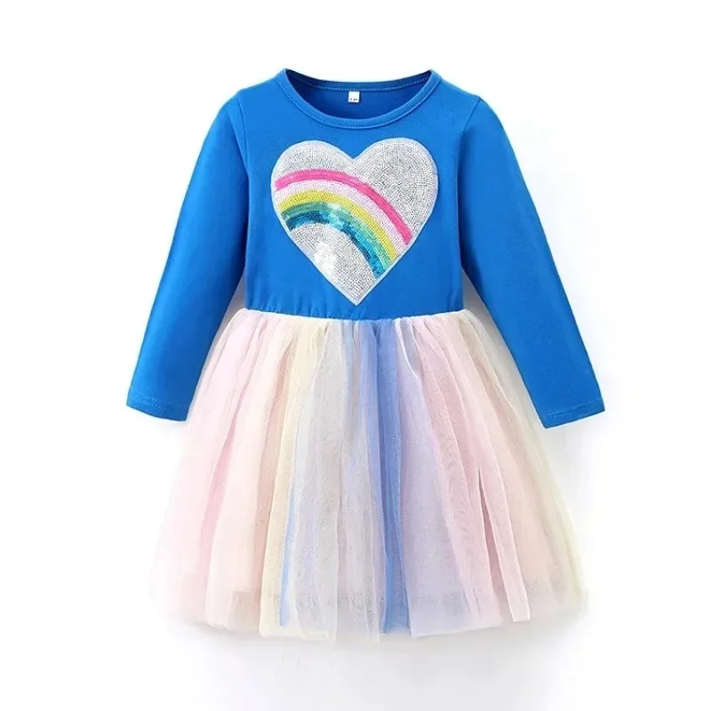 

2023 Infant Girls New Cartoon Dress Fall Winter Girls Spliced Mesh Princess Dress Long Sleeve Embroidered Puffy Dress