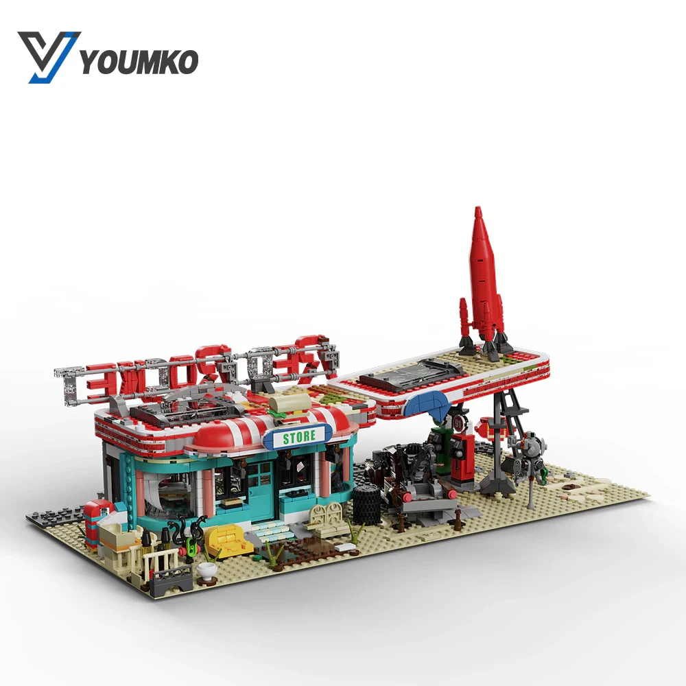 2221PCS MOC Rode Raket Tankstation Bouwstenen Fallouted Game Store Architectuur Model Montage Speelgoed voor Volwassenen Kids Gift