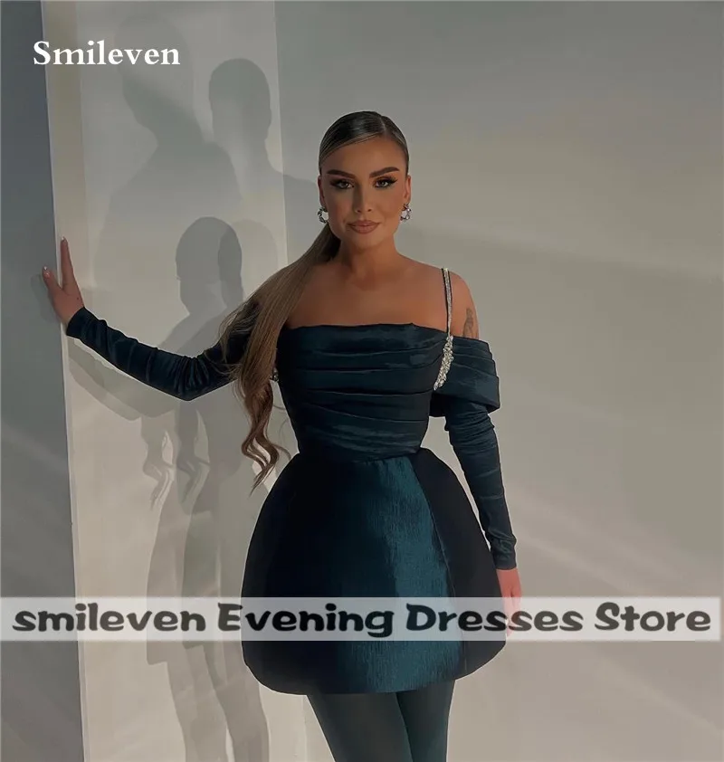 

Smileven Dark Green Short Evening Dresses Beading Long Sleeve Mini Saudi Arabia Robe De Soirée Party Prom Dress 2023