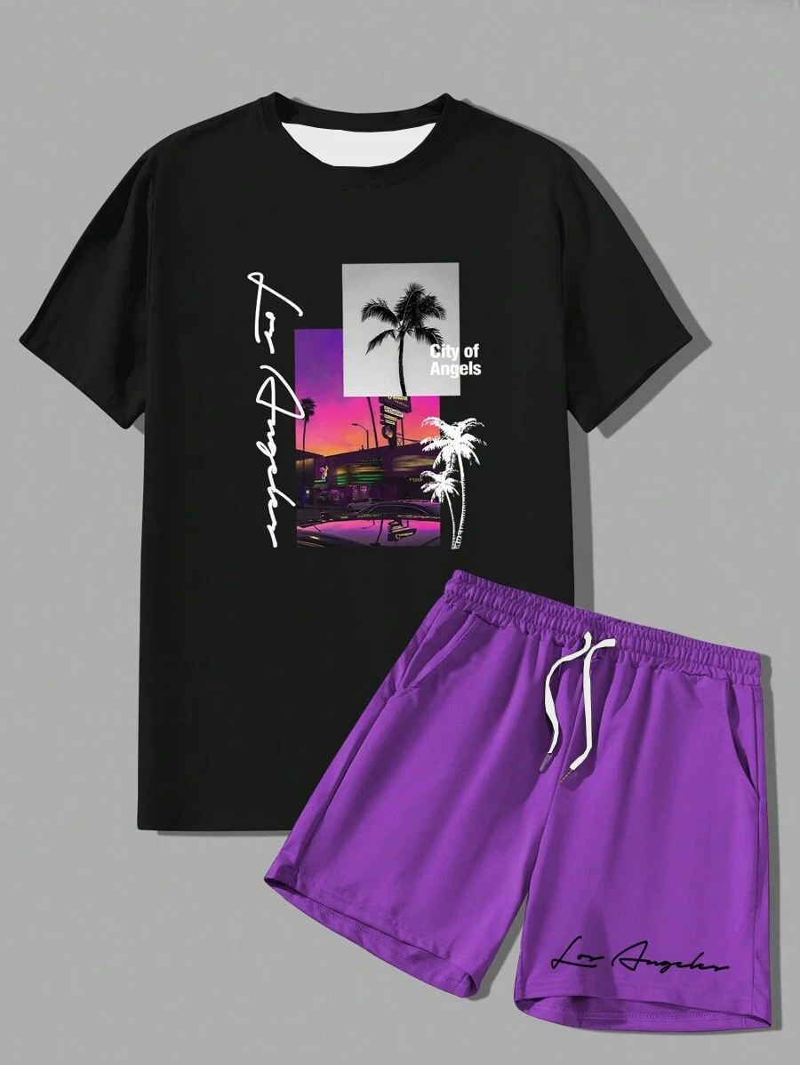 

Men's Summer Sunset Palm Tree T-shirt Shorts Set 2-Piece Set T-Shirt Set Round Neck Hawaiian Vacation Casual