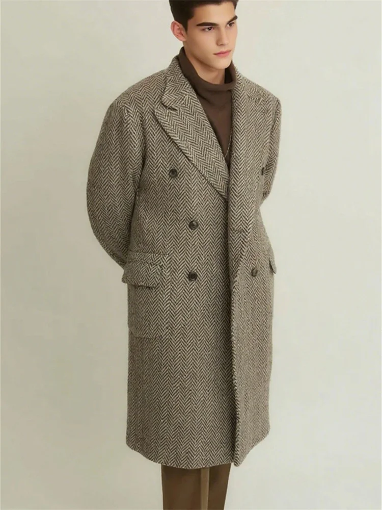 سترة كلاسيكية متعرجة طويلة من مزيج الصوف عالية الجودة من التويد بدلة رجالية فاخرة مزدوجة الصدر سترة رجالية أنيقة للشتاء الدافئ #4