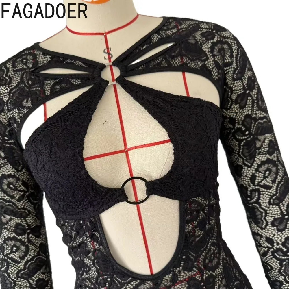 FAGADOER Sexy Lace Hollow-out Patchwork Bodycon Rompers Women See Through Long Sleeves Jumpsuit Female Streetwear Overalls New