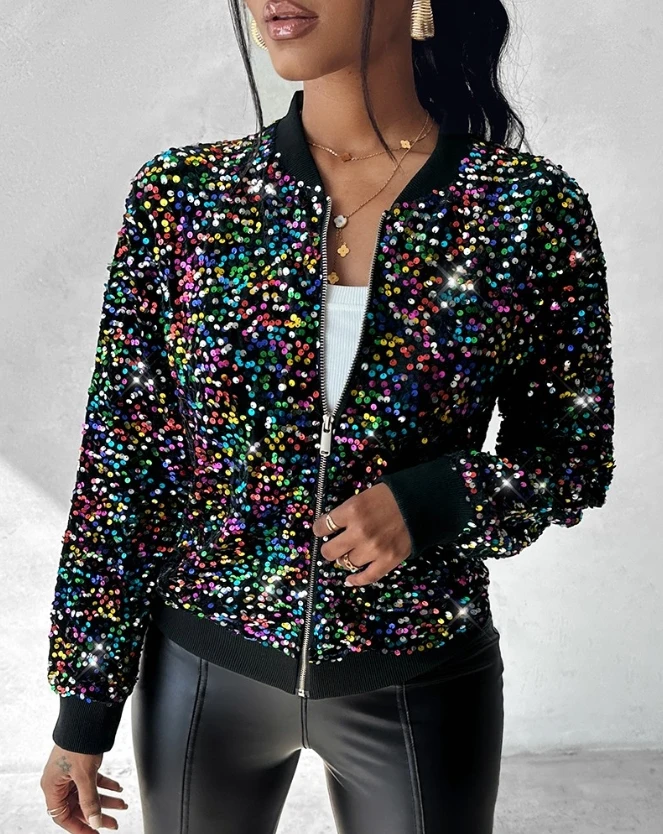 2023 Autumn Winter Spring New Fashion Casual Elegant Colorful Allover Sequin Zipper Design Coat Female Clothing Outfits