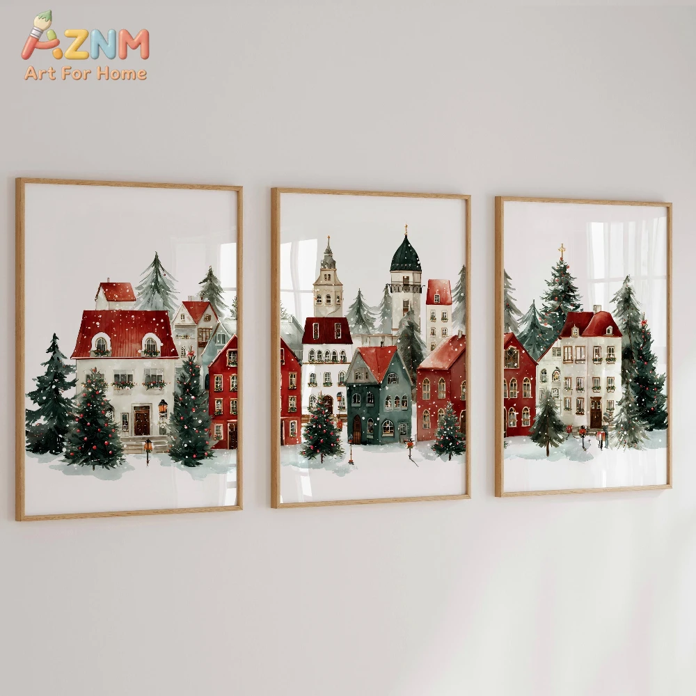 AZNM Watercolor Winter Christmas Town Canvas Print, Festive Snowy European Village Wall Art, Frameless Minimalist Holiday Decor view 3
