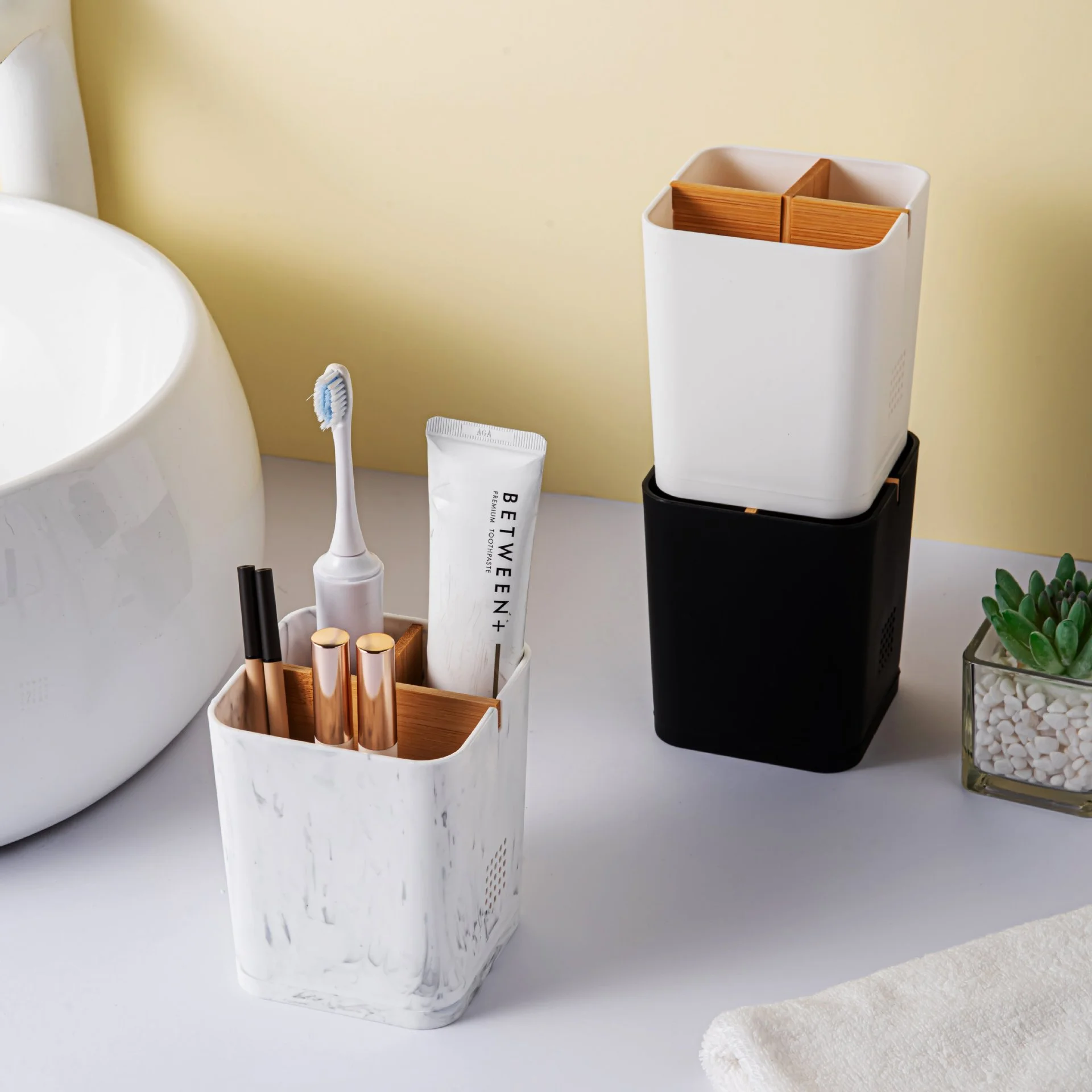 QA 3-Compartment Toothbrush Toothpaste Holder Bathroom Organizer with Bamboo Divider Drain Tray Countertop Storage Cup