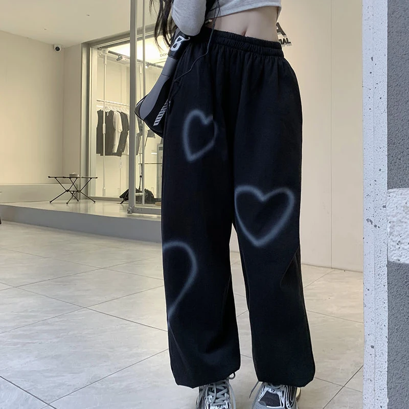 High Quality Heart Printing Casual Pants Women Bf Cotton Vintage Loose Straight Jogging Pants Fashion Hip Hop Streetwear
