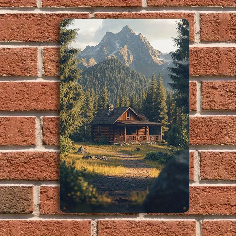2D Flat, 2D Flat - Retro Metal Sign - Rustic Decor for Home & Bar, Easy to Mount, Tranquil Mountain Scene with Cabin, Ideal f