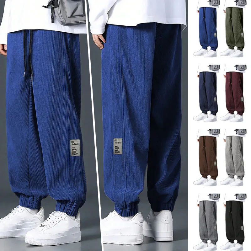 

European American New Fashion Men's Solid Color Casual Trendy Simple Basic Drawstring Loose Corduroy Trousers Male Cargo Pants