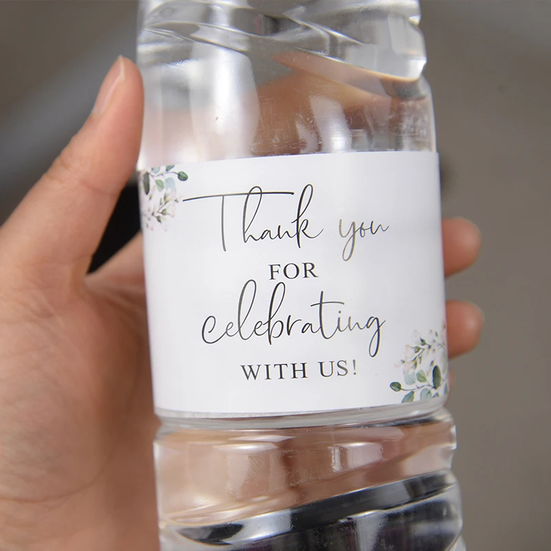 30pcs Thank You For Celebrating With Us Water Bottle Labels Wedding Eucalyptus Flower Water Bottle Wrappers Birthday Party Decor