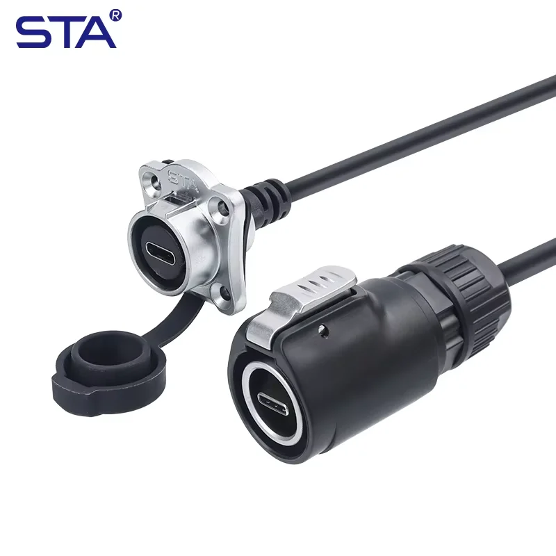 Type C 3.1 Waterproof CabConnector IP68 Fmeale to Male Aviation Plug LED Display Data Signal Square Flange Socket Adaptor