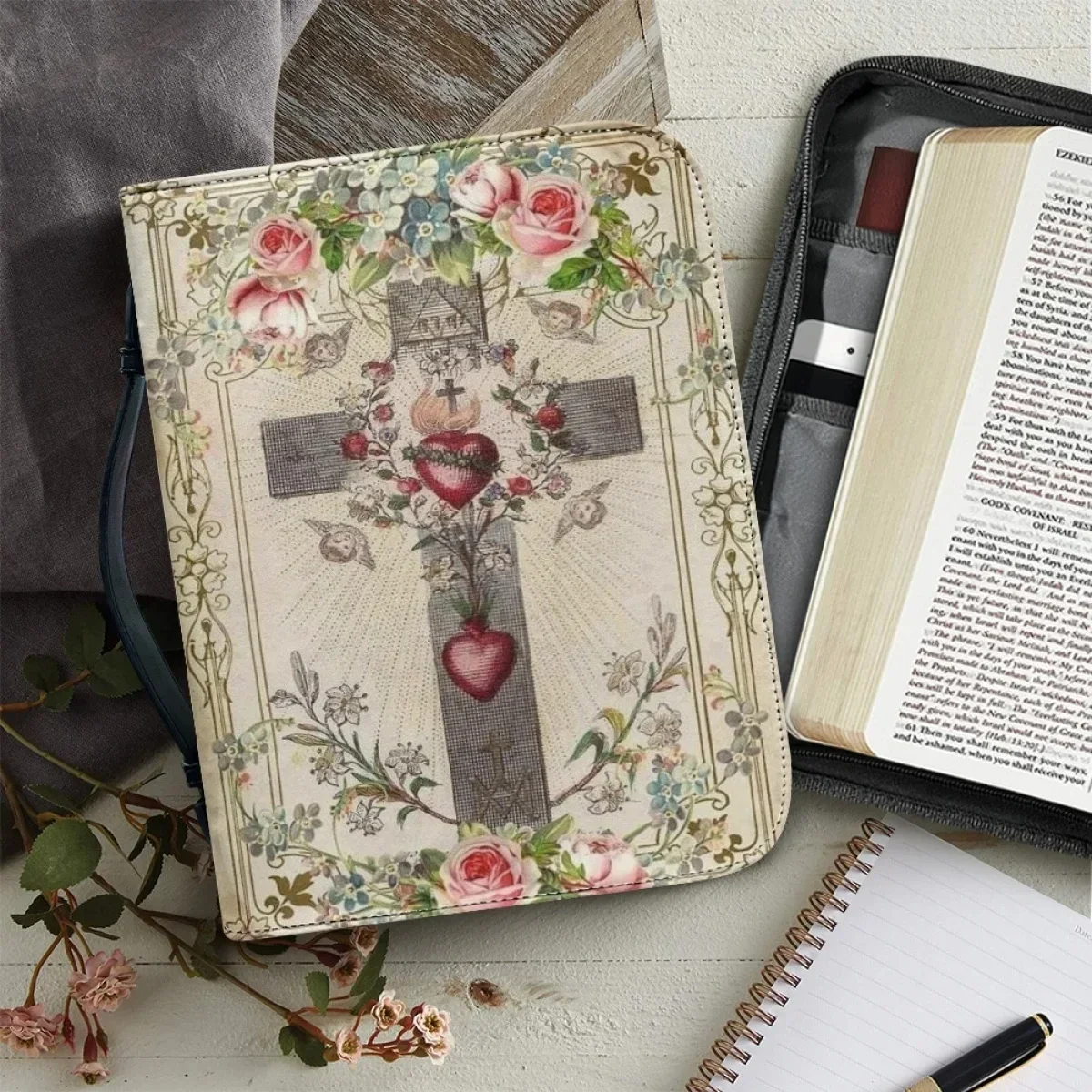 

Cross Floral Design Bible Storage Bag Women Church Practical Bible Bag Leather Study Book Holy Storage Multiple Pockets Handbag