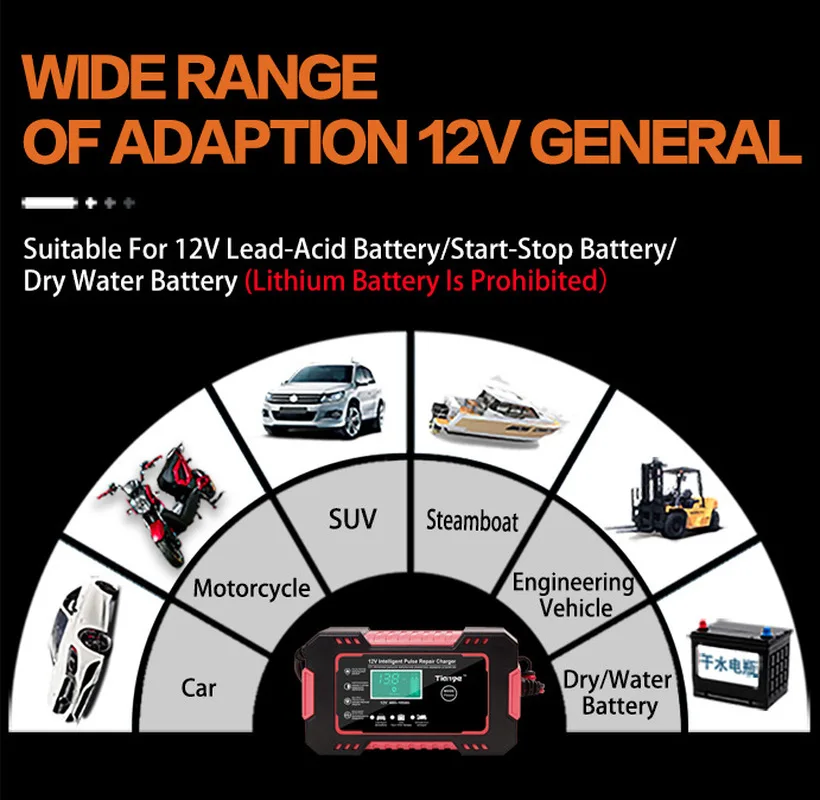 Caricabatteria per Auto Full Auto moto 12V 6A riparazione a impulsi Display LCD Smart Fast Charge AGM Deep cycle GEL caricatore al piombo