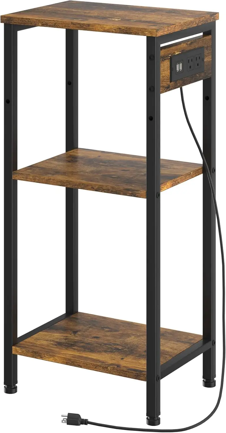 

Narrow Tall End Table with Charging Station, 3-Tier Storage, USB Ports & Outlets, Slim Side Table in Rustic Brown and Black