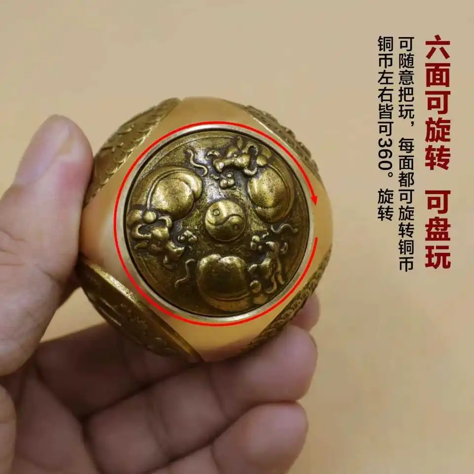 Round Brass Six Sides Spinner Fidget Toy Stress Relief Hand Play Finger Gyro Metal Craft Home Desktop Collectible Ornament