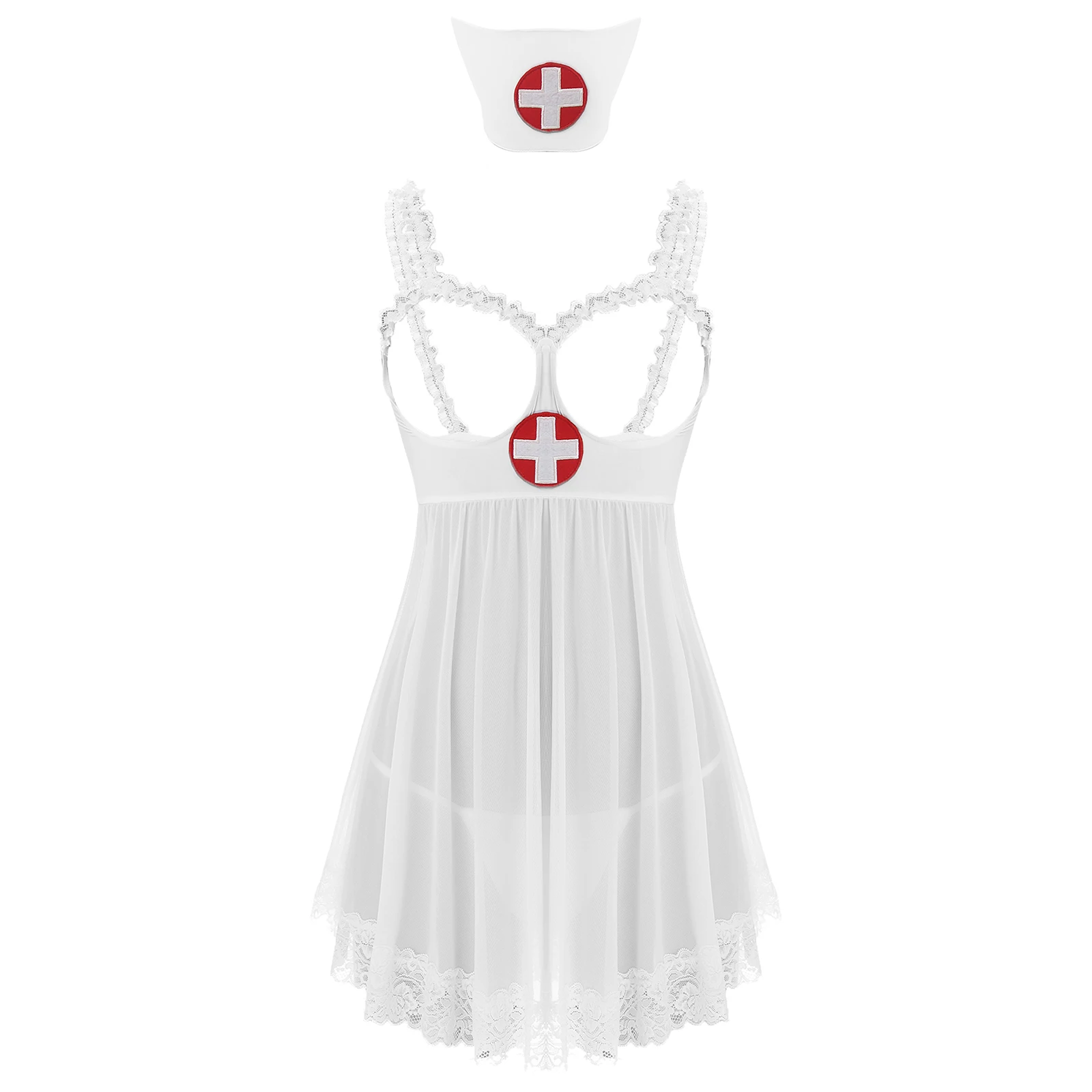 

Women Naughty Nurse Costume Sheer Lingerie Cutout Chest Lace Trim Dress Thong and Headband Nurse Uniform Tempting Nightwear Set