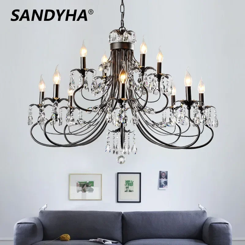 SANDYAH American Crystal Chandelier Retro Iron Art Creative Candle Lamp Living Room Restaurant Hotel Home Decor Pendant Lights