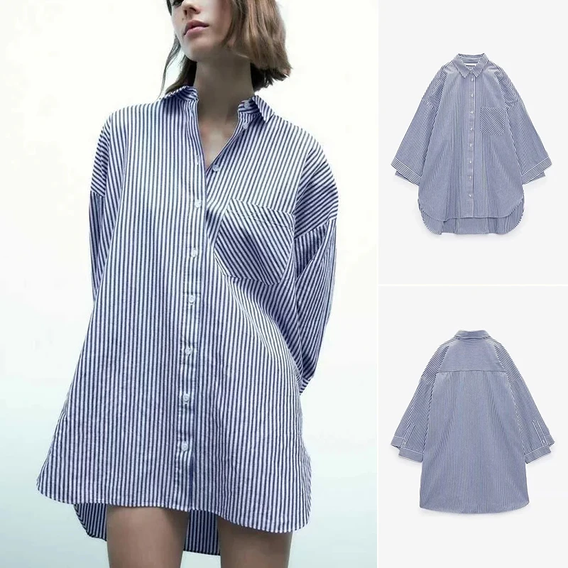 

Spring New Loose Long Sve Collar Striped irt Women's Design Sense Single ket Wide Leg Pants Commute Sle