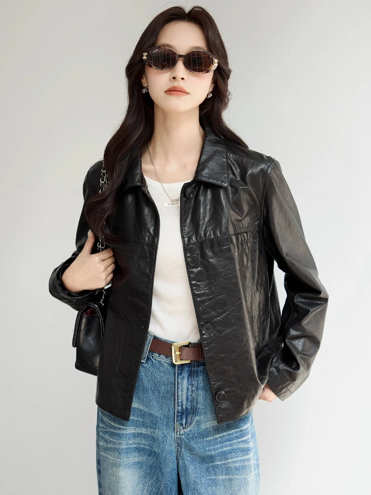 سترات دراجة نارية من الجلد الطبيعي باللون الأسود للنساء لربيع وخريف 2025 معطف جديد عالي الجودة بسيط وبسيط من جلد البقر الحقيقي #3