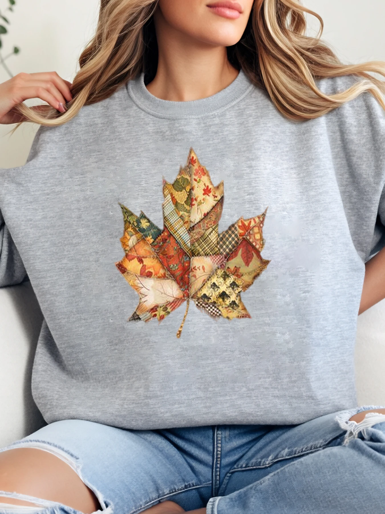 

Лоскутный осенне-осенний свитшот с принтом кленового листа, женская повседневная одежда, серый, больших размеров