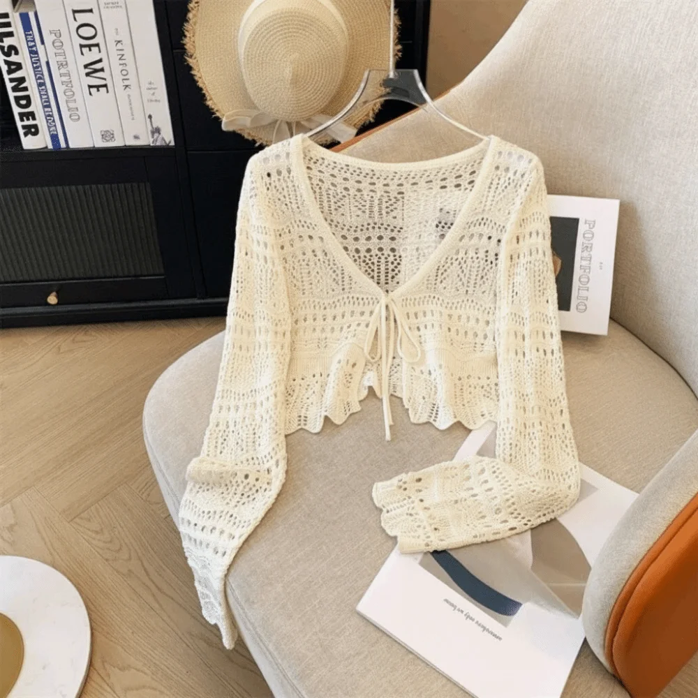 

Новый ажурный вязаный кардиган с V-образным вырезом, тонкий, солнцезащитный, повседневный, с длинными рукавами, для женщин