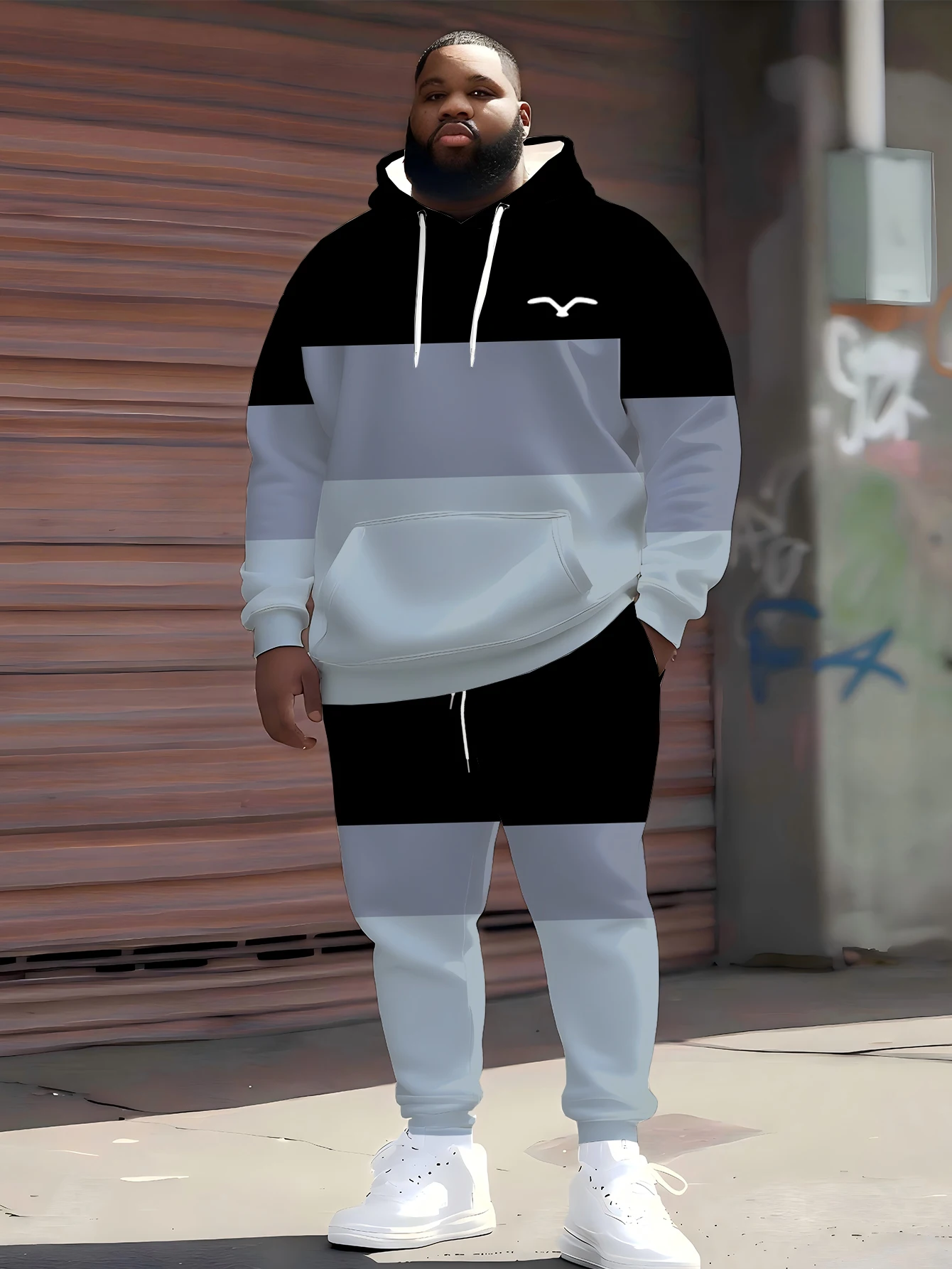 

2025 Trendy Oversized Hoodie & Joggers - Checkered Color Splice & Gull Print, Street Style